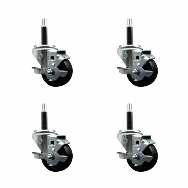 Service Caster 3'' SS Hard Rubber Swivel 3/4'' Expanding Stem Caster Set with Brake, 4PK SCC-SSEX20S314-HRS-TLB-34-4